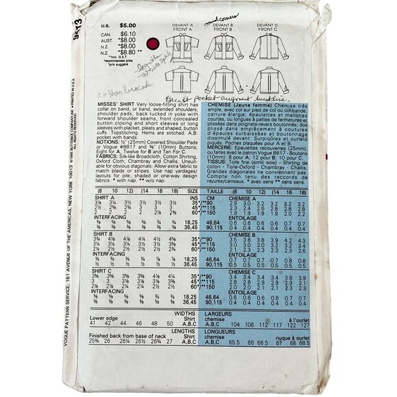 Vintage Vogue Sewing Patterns 8133 Misses' Blouse 8-10-12 Uncut - Picture 2 of 3